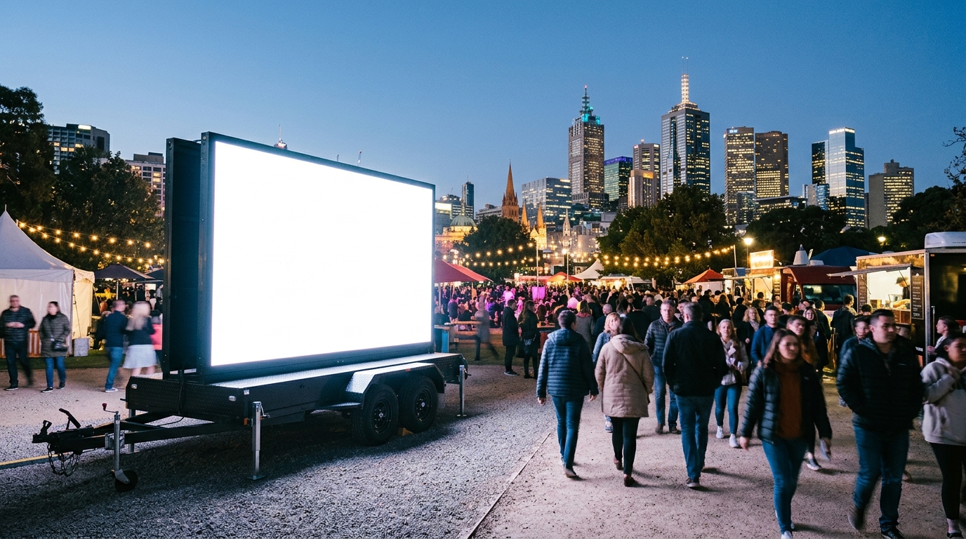 Digital Advertising Trailer Melbourne LED digital advertising trailer displaying a bright digital advertising screen at a crowded outdoor event in Melbourne with the city skyline in the background.